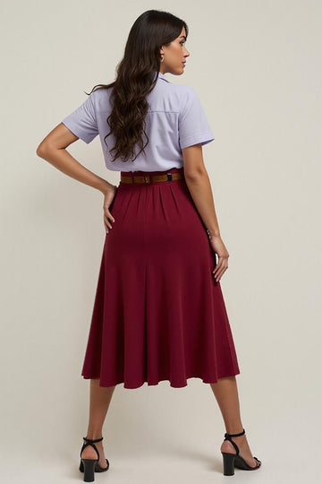 Burgundy 2-Piece Lapel Neck Work Dress with Belt
